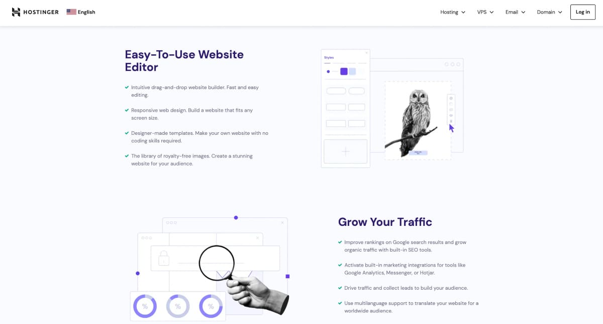 hostinger website builder homepage and features